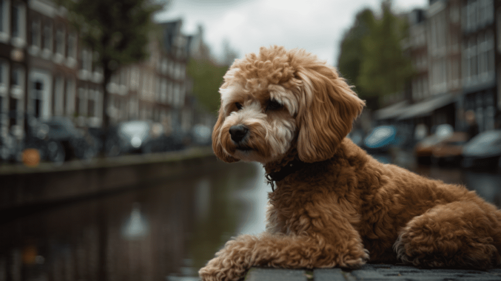 A brown poodle is sitting on a ledge near a canal.