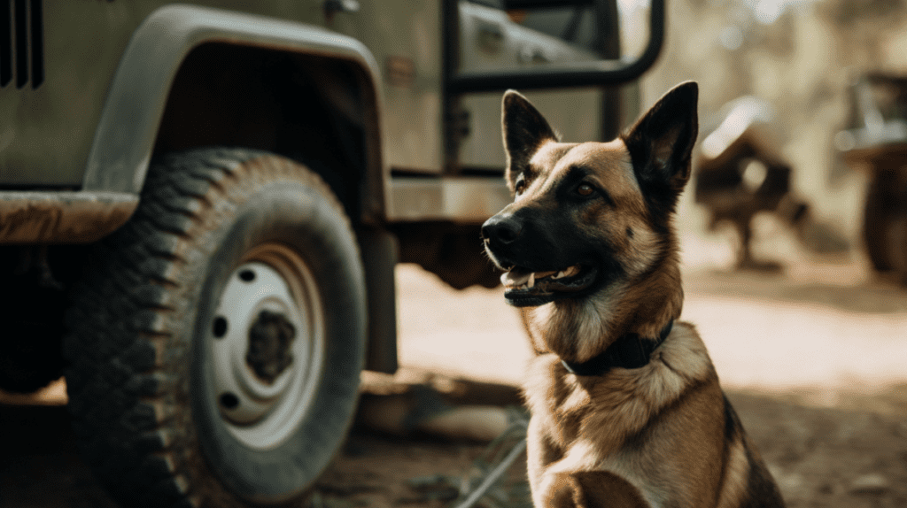 A german shepherd dog in front of a jeep.