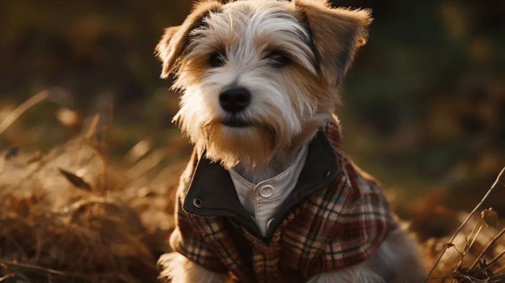 A small dog in a plaid shirt sitting in the grass.