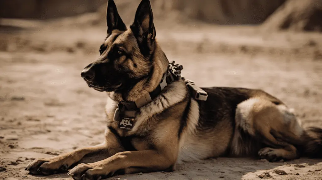 A german shepherd dog laying in the sand.
