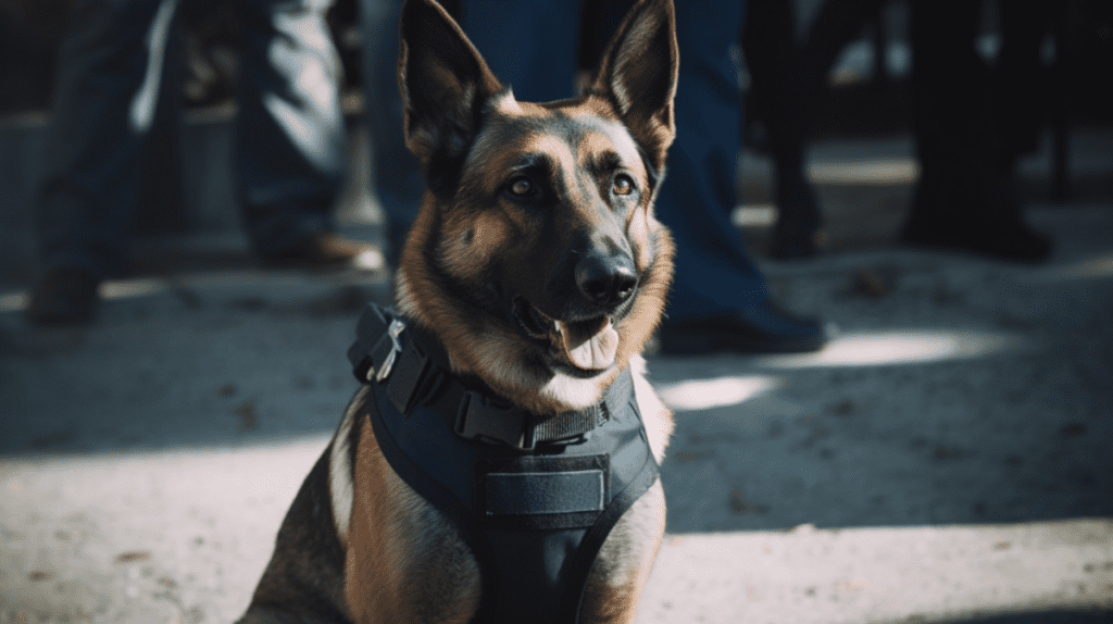 A german shepherd dog is sitting on the ground.