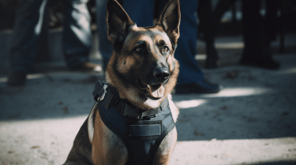 A german shepherd dog is sitting on the ground.