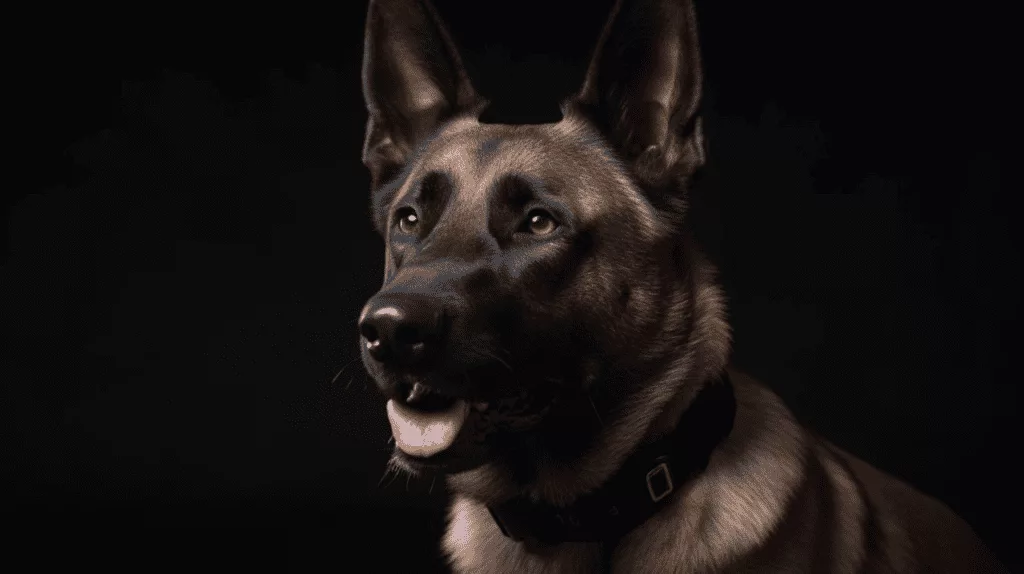 A german shepherd dog is sitting in front of a black background.