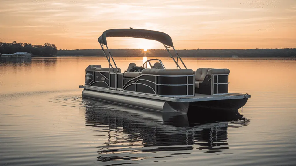A pontoon boat on a lake at sunset.