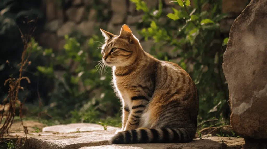 A tabby cat sitting on a stone wall.