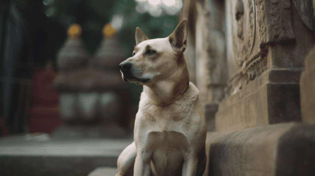A dog is sitting on a stone wall.