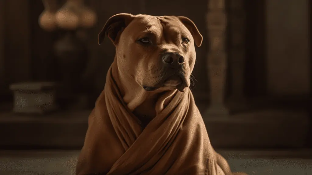 A brown dog with a scarf sitting on the floor.