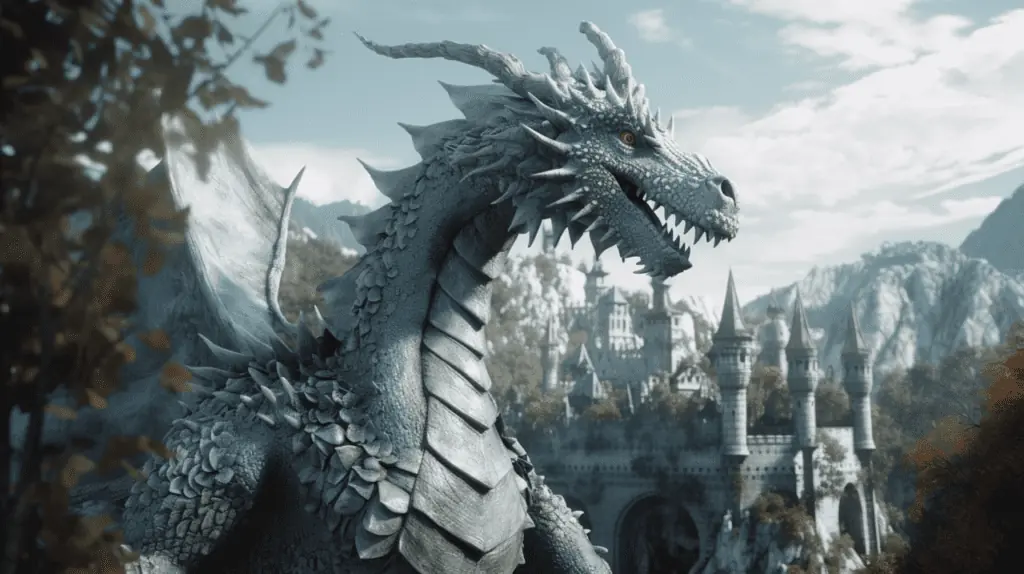 An image of a white dragon in front of a castle.