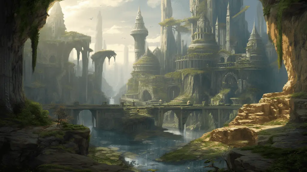 An image of a fantasy city with a river.