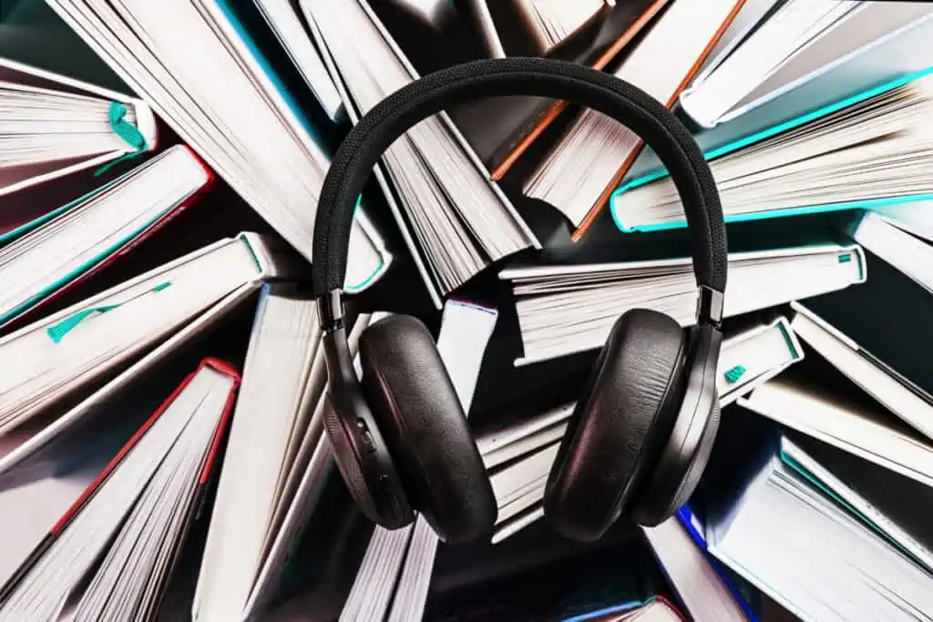 Wireless overhead black headphones lie on the books. The concept of learning through an audiobook. To listen to the book. The view from the top