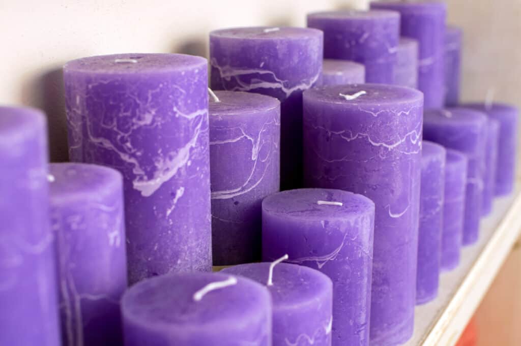 Varied violet candles in a interior decorating store