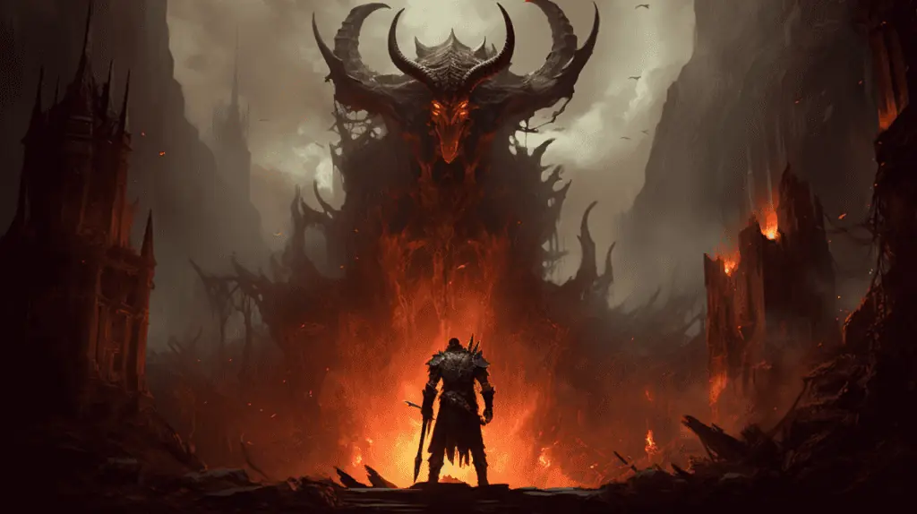 An image of a demon standing in front of a fire.