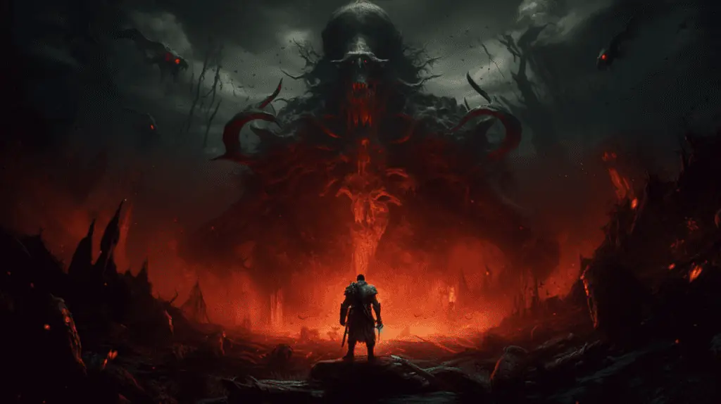 An image of a demon standing in front of a fiery landscape.