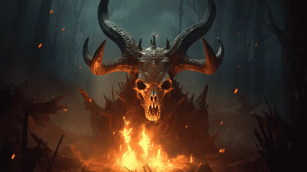 An image of a demon with horns in the forest.