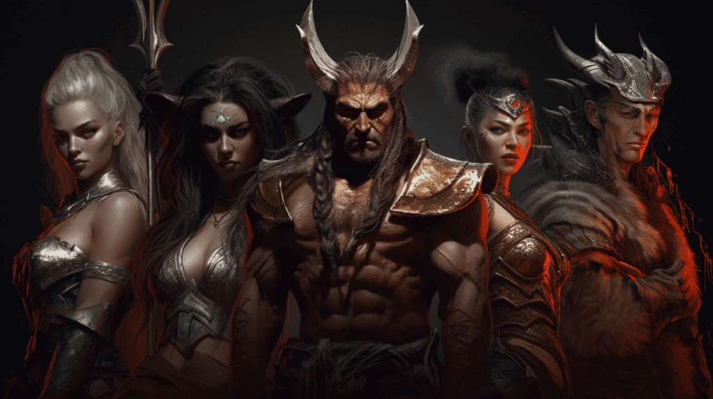 A group of warriors standing in front of a dark background.