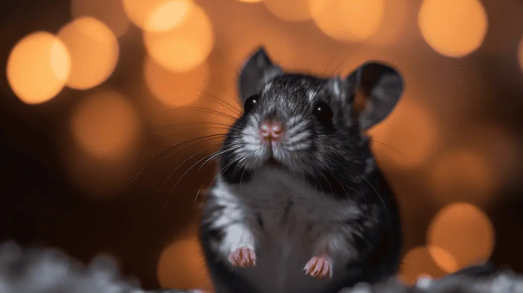 A black and white rat is standing in front of a bokeh background.