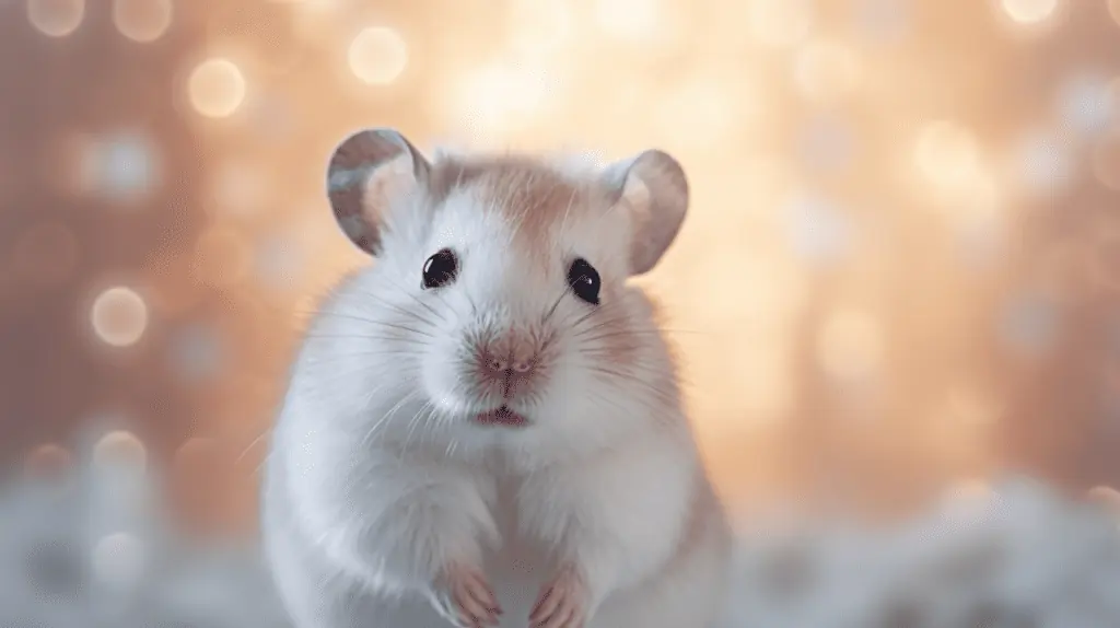 A white hamster is standing in front of a bokeh background.