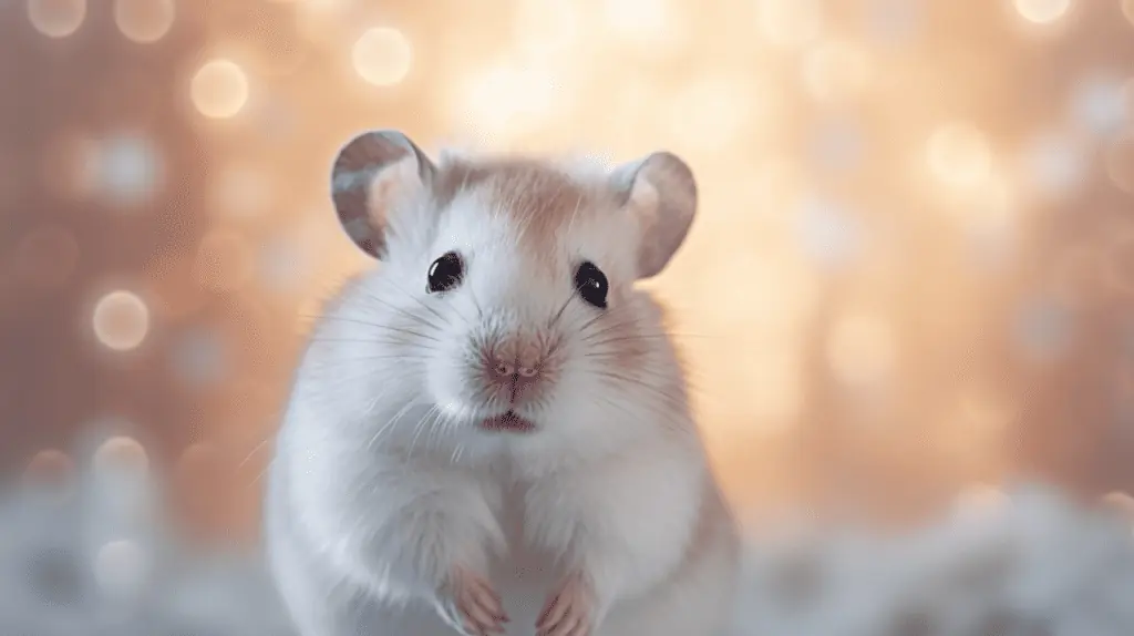A white hamster is standing in front of a bokeh background.