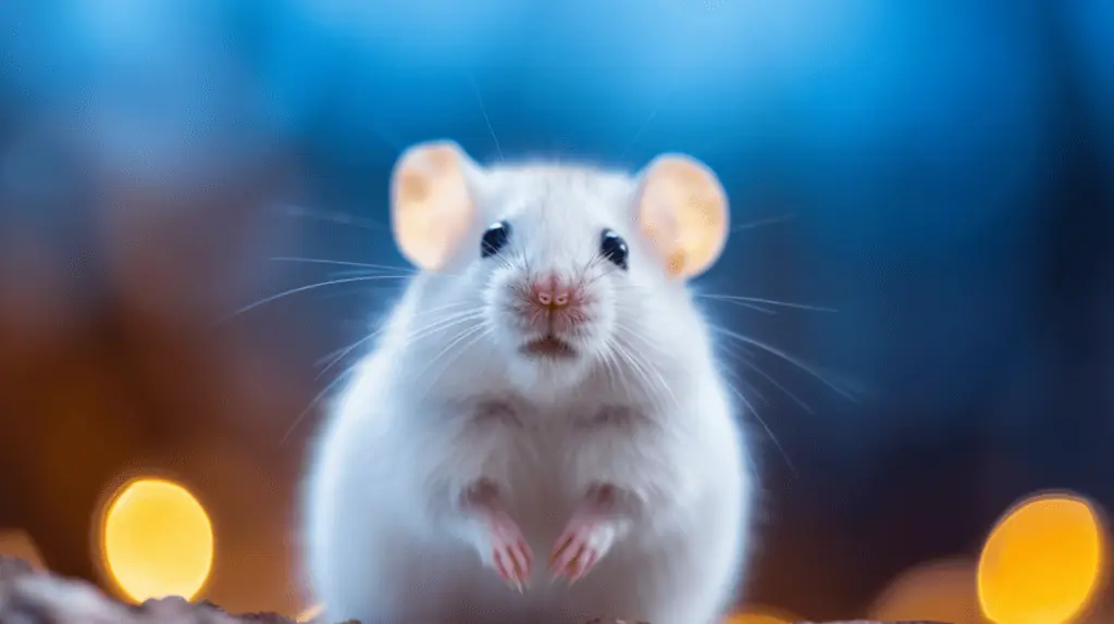 A white mouse is standing in front of a blue background.
