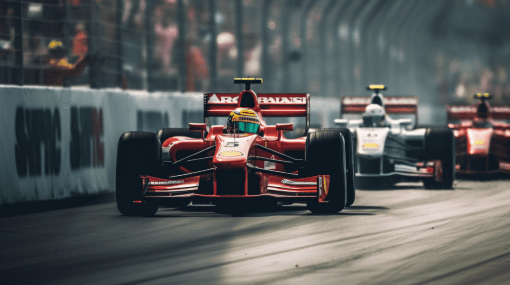 A group of red racing cars on a track.