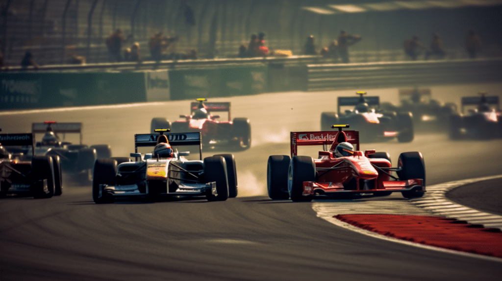 A group of racing cars on a track.