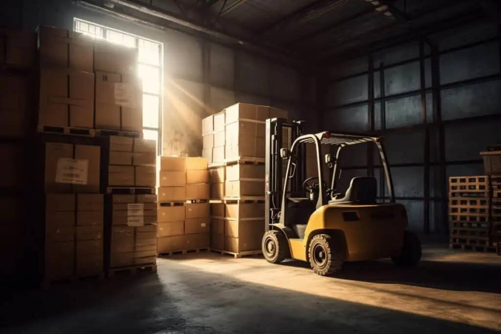 commercial box loading sun stockpile pallet transportation factory container machine cargo warehouse crate distribution forklift logistic delivery machinery loader storage. Generative AI.