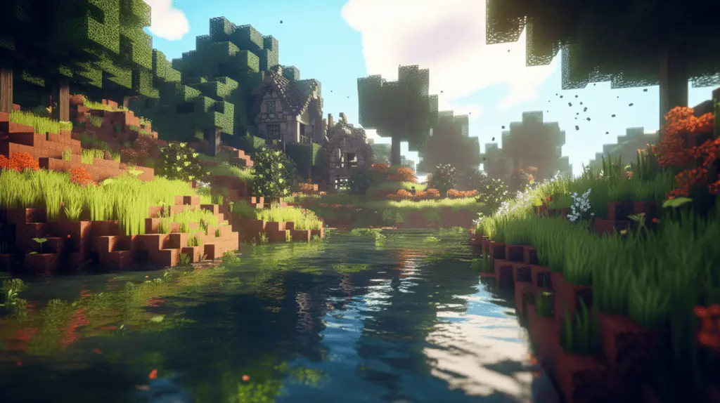A minecraft scene with a river and trees.