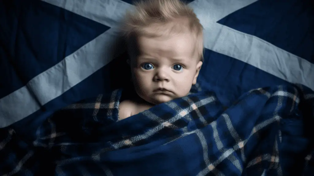 A baby with blue eyes laying on a blanket with a scottish flag.