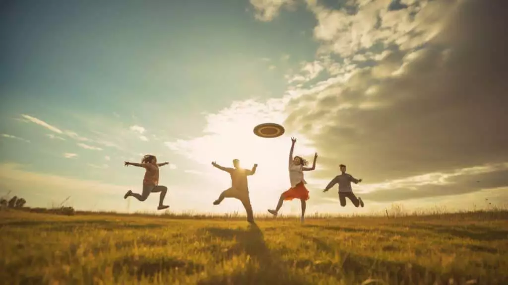 A group of people jumping in the air with a frisbee.