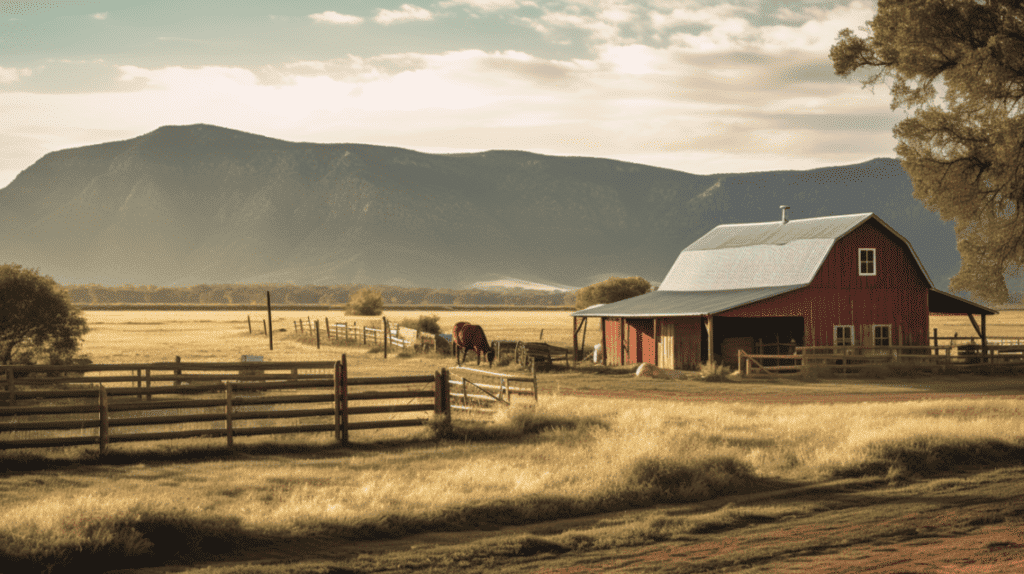 A red barn in the middle of a field.