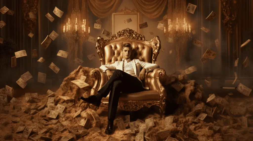 A man sitting in a gold chair with money falling around him.