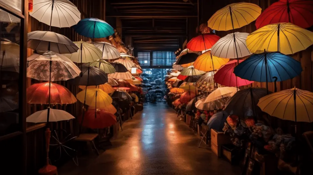 Many colorful umbrellas are hanging in a hallway.