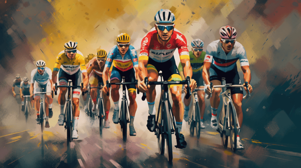 A painting of a group of cyclists on a road.