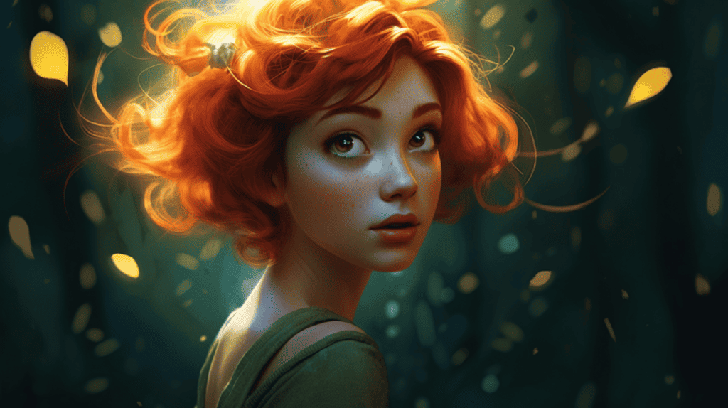 An orange haired girl in a forest.