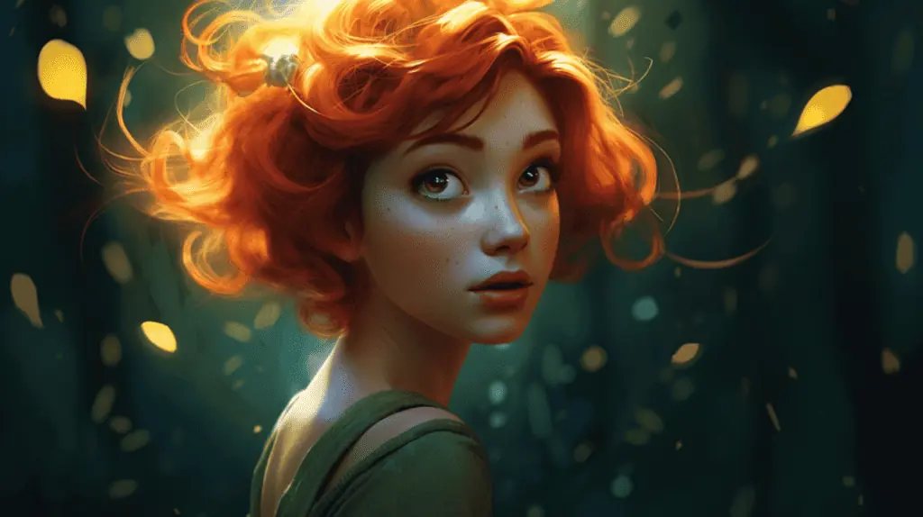 An orange haired girl in a forest.