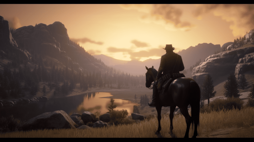 A man on a horse is standing in front of a mountain.