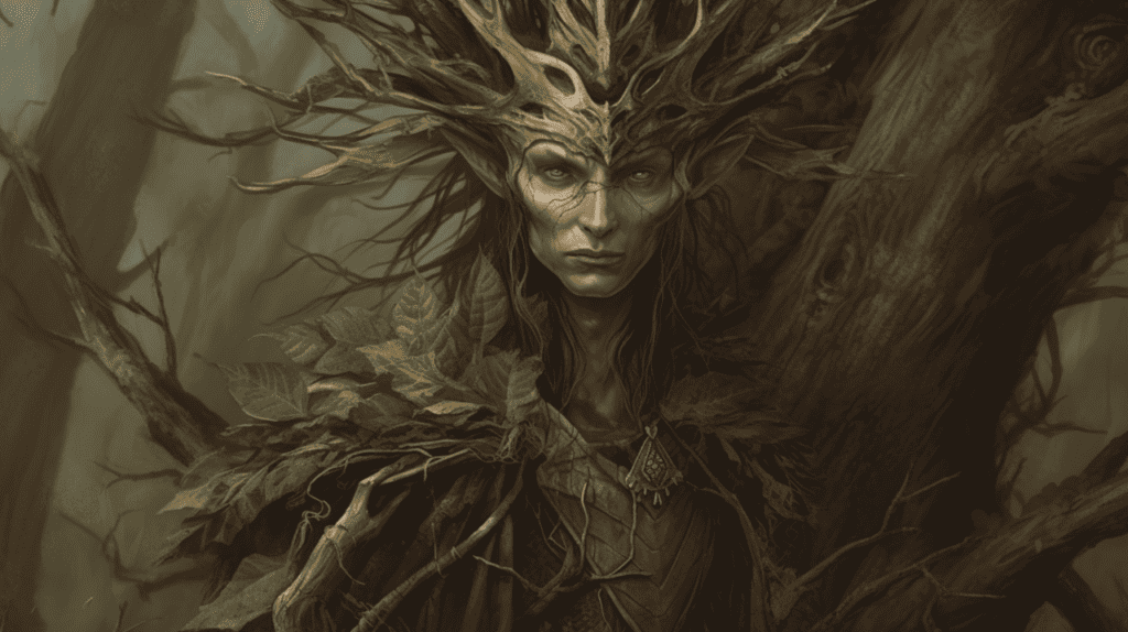 A woman with a tree on her head is standing in the woods.
