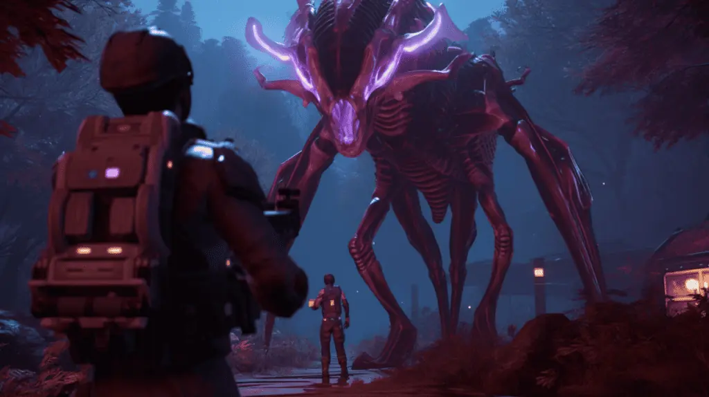 A man is standing next to an alien in a forest.