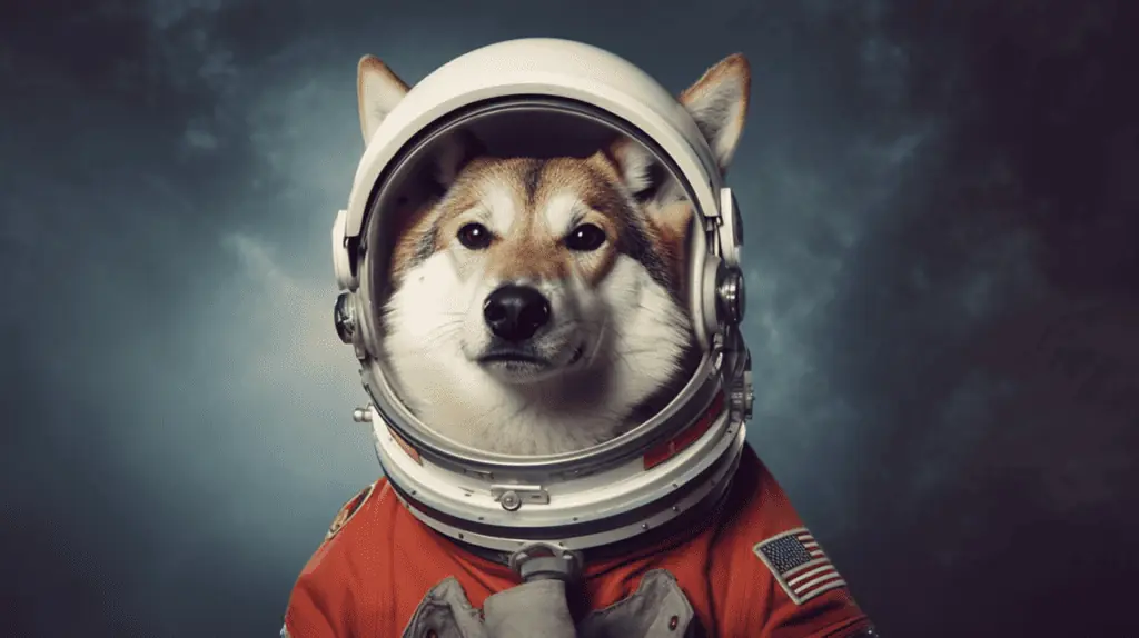A dog wearing an astronaut suit.