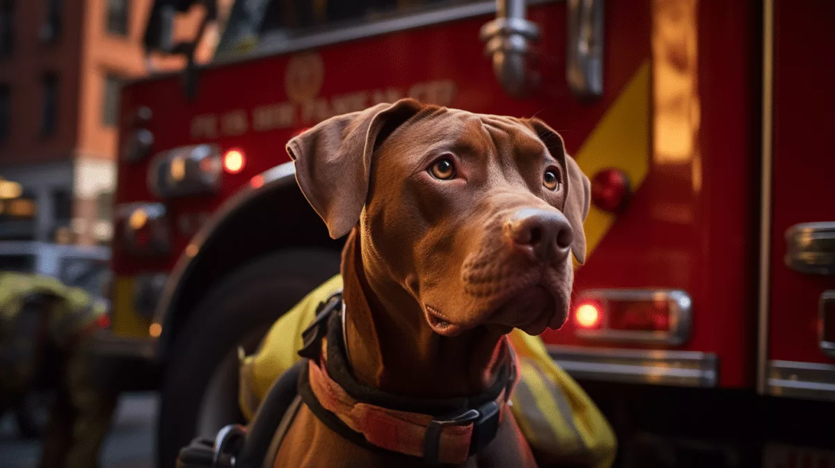 A dog is standing in front of a fire truck.