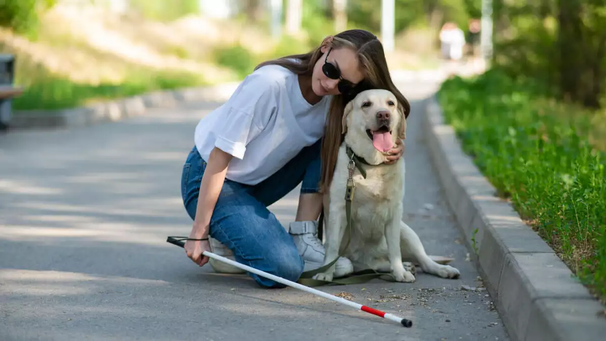 Blind young woman cuddling with guide dog on a walk outdoors.