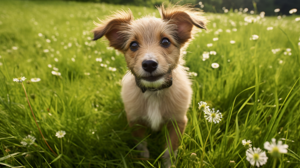 A small brown dog standing in a field of daisies.