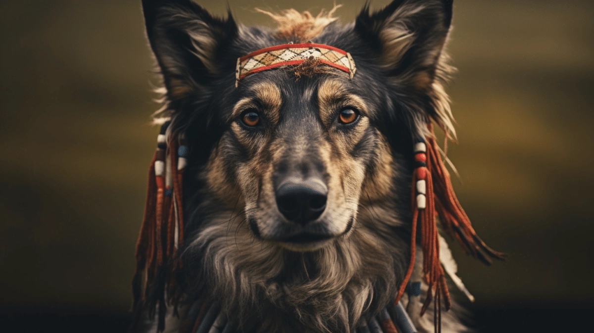 A dog wearing an indian headdress.