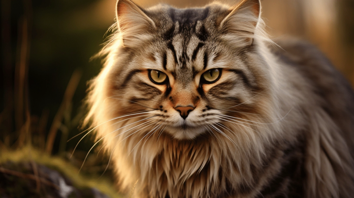 A long haired cat is looking at the camera.