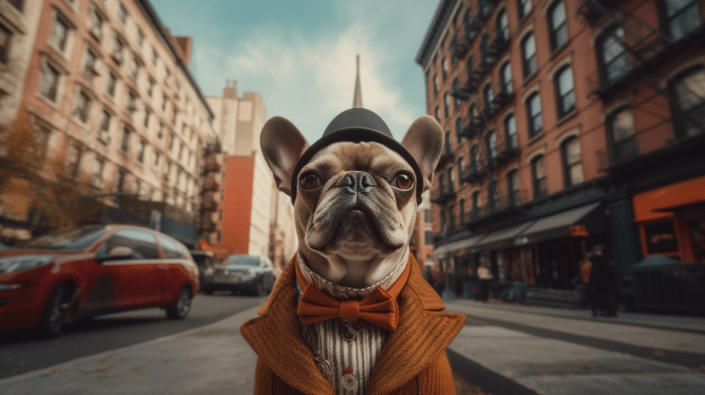 A french bulldog wearing a top hat and bowtie on a city street.