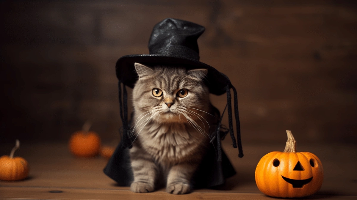 A cat wearing a witch's hat next to pumpkins.