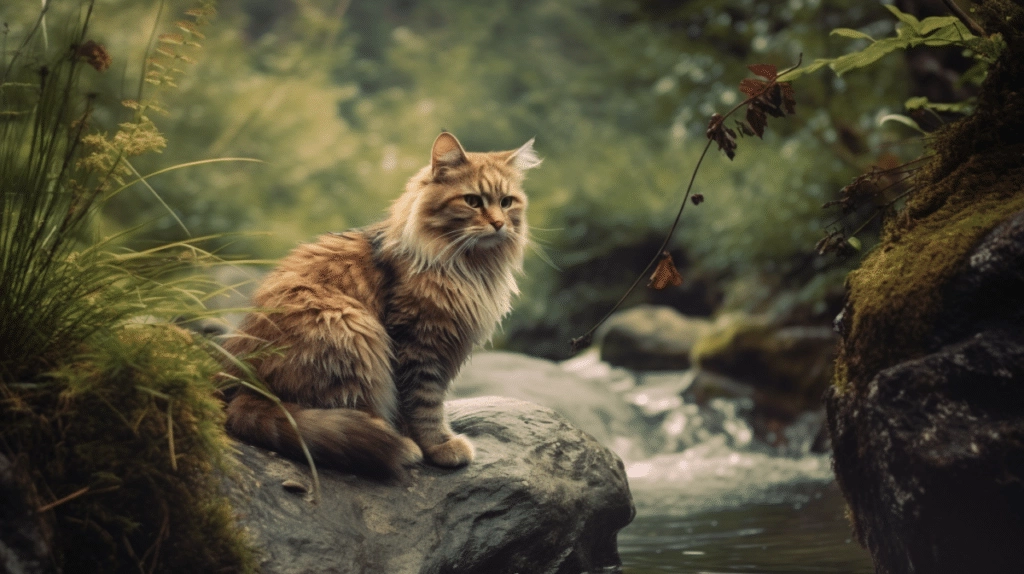 A long haired cat sitting on a rock next to a stream.