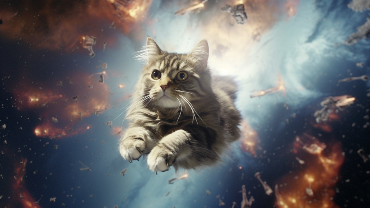 An image of a cat flying in space.