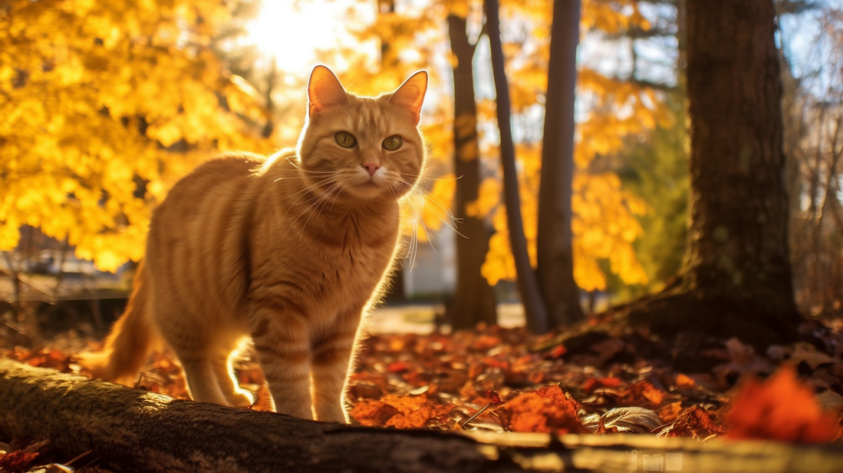 An orange tabby cat standing in the woods.