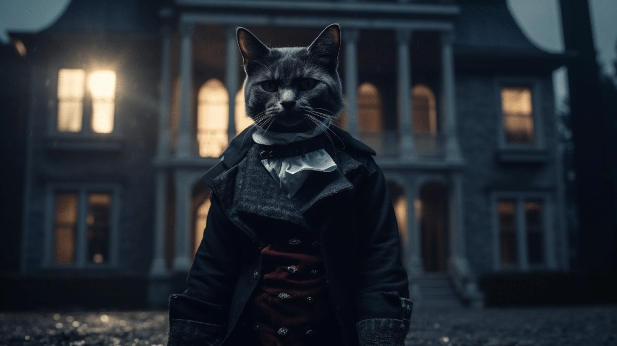 A cat in a victorian costume standing in front of a house.